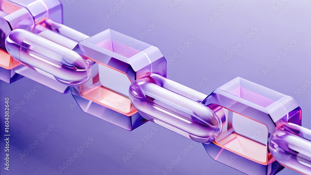 Poster macro close up of a transparent purple chain with geometric links and capsule shapes connection abst