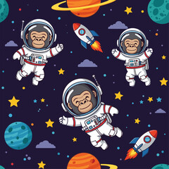 Adorable chimpanzee astronauts floating in space, perfect for children's books, textiles, or space-themed projects.