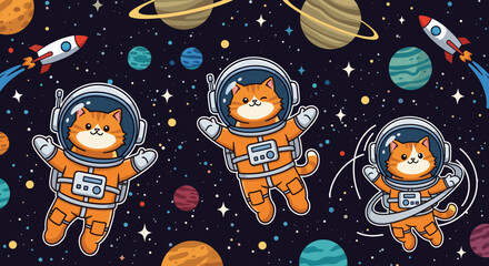 Cute cartoon cats in astronaut suits floating in space, perfect for children's books, websites, or apparel. © Astroboy