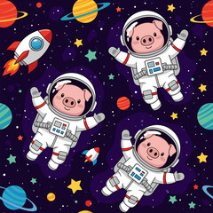Cute pigs in astronaut suits floating in space, perfect for children's books or textile prints.