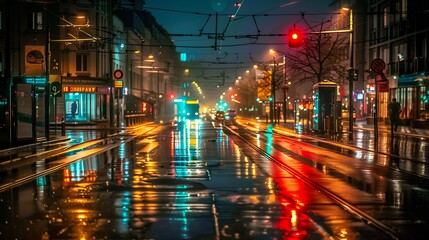 Fototapeta premium Glowing red and blue emergency lights reflecting on wet pavement in dramatic night scene.