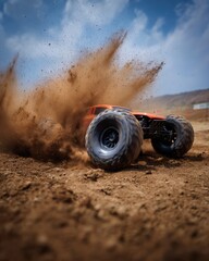 Remote Control Monster Truck Kicking Up Dust in Action on an Offroad Dirt Course under a Blue Sky