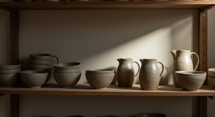 Handmade pottery collection on wooden shelves