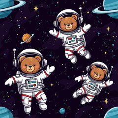 Cute teddy bears in astronaut suits floating in space, perfect for children's books, websites, or apparel.