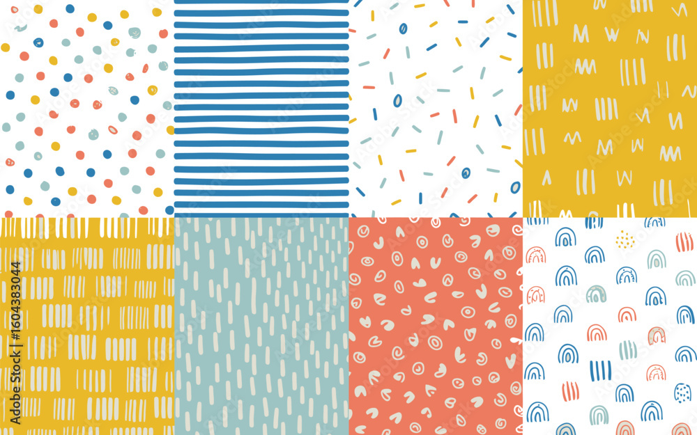 Poster assorted patterns featuring dots, lines, shapes, and letters in various colors and arrangements