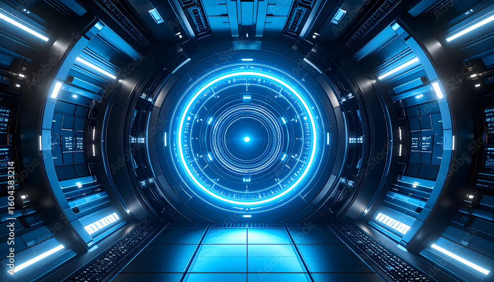 Fototapete futuristic tunnel abstract digital rendering of neon lights and metallic textures