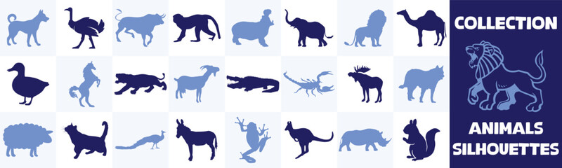 A collection of various animal silhouettes in blue tones arranged on a checkered background