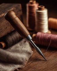 Vintage Leather Sewing Tool with Needle and Spools of Thread on a Rustic Wooden Surface
