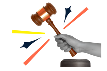 Hand strikes judge's gavel. Verdict. Modern photo collage style. Illustration on transparent background