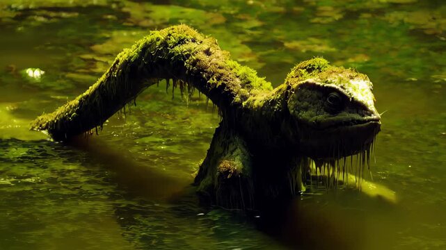 Green skinned mythical creature surfacing slowly from murky wetland waters, revealing elongated neck and mossy textured body with eerie, otherworldly presence