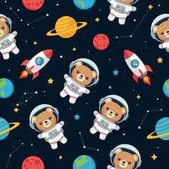 Fototapeta premium Cute teddy bears in spacesuits floating among planets and rockets; perfect for children's books, textiles, or websites.
