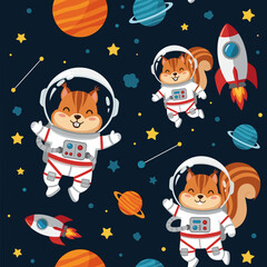 Adorable squirrel astronauts floating in space, perfect for children's books, textile prints, or websites.