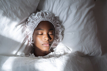 Young woman of African descent sleeping peacefully in white bedding and satin bonnet, lit by natural morning light, perfect for sleep care visuals