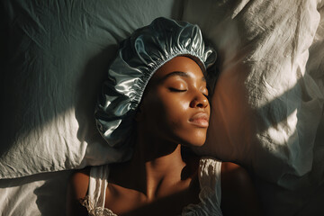 Young woman of African descent lying in bed with teal satin bonnet, peaceful expression and warm light, ideal for beauty, wellness, lifestyle content