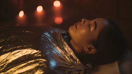 Young Asian woman in golden sauna blanket resting peacefully with glowing skin and warm candlelight, perfect for luxury spa, beauty wellness content. spaexperience, therapybed