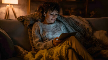 Young mixed-race woman sitting under warm blanket and using digital tablet at night, cozy living room setup, great for tech lifestyle, self-care content