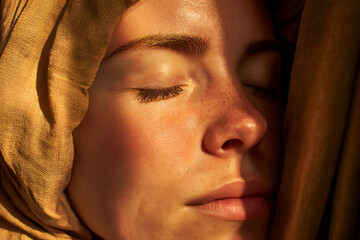 Close-up of a young Caucasian woman resting with her eyes closed under a golden scarf in soft natural sunlight, capturing skin texture and freckles, suitable for wellness, skincare content