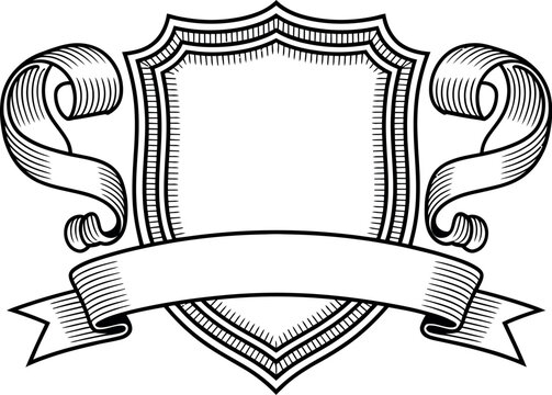 Illustration of an ornate heraldic shield with ribbons and a banner on a light background color