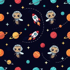Cute astronaut insect seamless pattern, perfect for kids' apparel, fabrics, and space-themed designs.