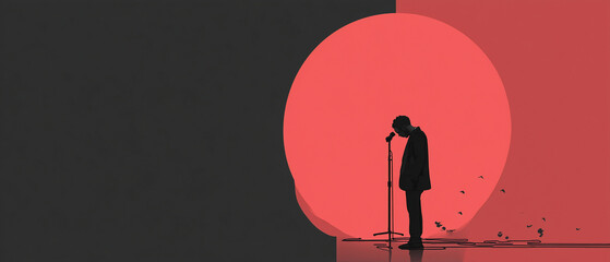 sad singer silhoette with head down; red sun & dark gray & red abstract backround; concept of goodbye, end of music career, death, life passing by, regret and memories; copy space