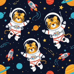Cute tiger astronauts in space, seamless pattern for kids' fabric, wallpaper, or textile.