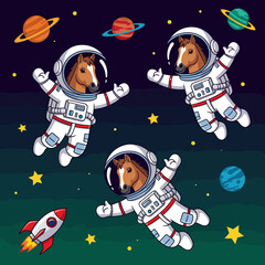 Three horses in astronaut suits floating in space, perfect for children's books, websites, or apparel.