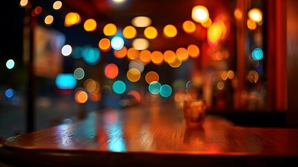 Cozy bar atmosphere with blurry colorful lights and reflections