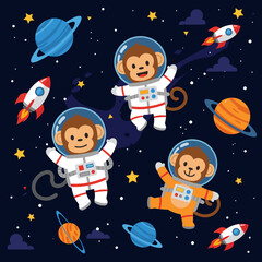 Cute monkeys in spacesuits floating in space, perfect for children's books or educational materials.