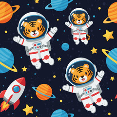 Adorable tiger astronauts floating in space, perfect for children's books, textiles, or websites.
