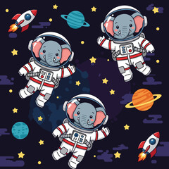 Three cute elephant astronauts floating in space, perfect for children's books, textiles, or websites.