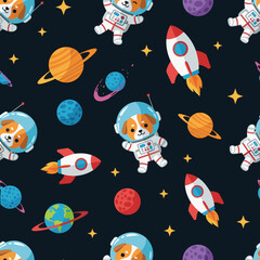 Cute dogs in space suits, rockets, and planets seamless pattern. Perfect for kids' apparel, fabric, or space-themed projects.