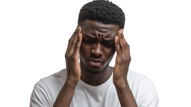 Young man experiencing headache while wearing a plain shirt and looking distressed in a neutral setting on transparent background