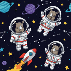 Adorable rhinos in astronaut suits floating in space, perfect for kids' apparel or space-themed projects.