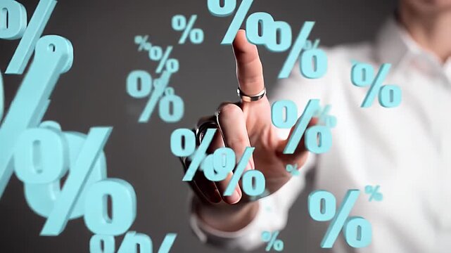 Person Touching Transparent Screen Displaying Floating Light Blue Percentage Symbols On Gray Background Wearing White Shirt Offer Discount Sale