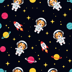 Cute dog astronauts in space, seamless pattern for kids' fabric, wallpaper, or digital prints. © Astroboy