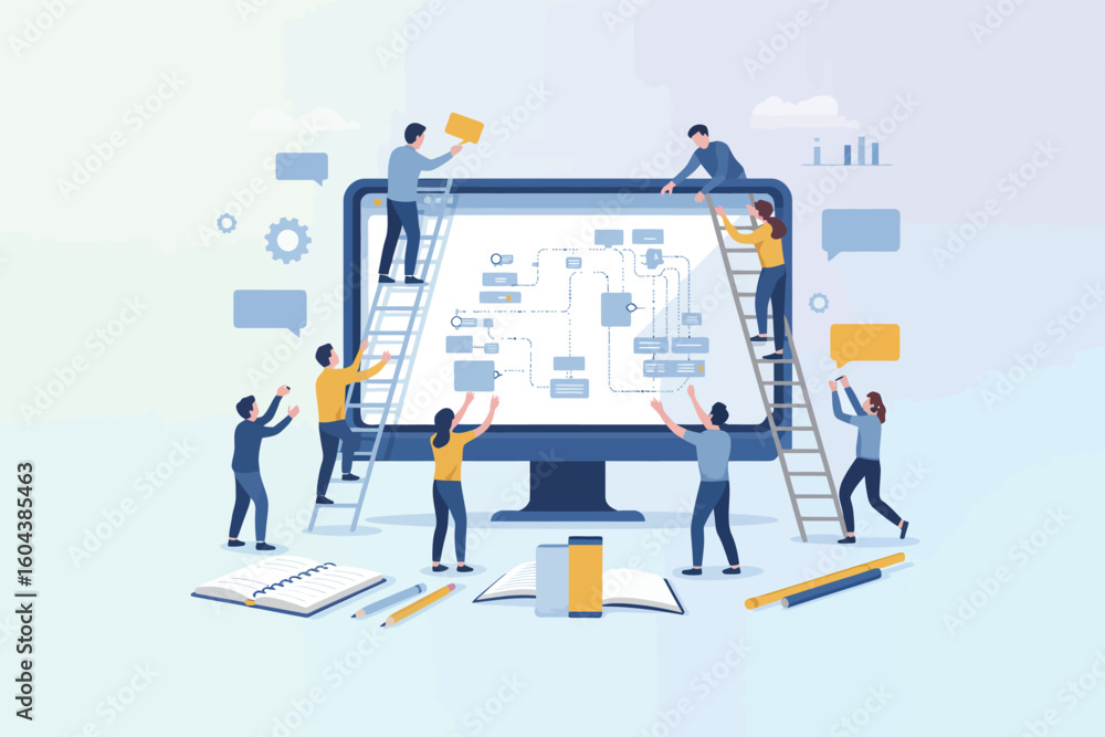 Poster team collaboration on flowchart design with ladders and computer screen in a light blue background s