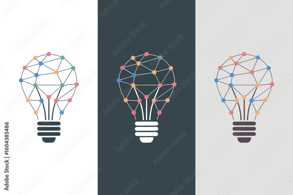 Poster three light bulb icons with colorful dots and connecting lines on a split color background