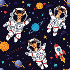 Adorable deer astronauts in space: perfect for kids' apparel, fabric, or space-themed projects.