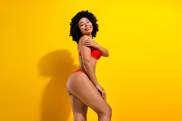 Confident Woman Posing in Red Swimwear Against a Bright Yellow Background Highlighting Beauty and...