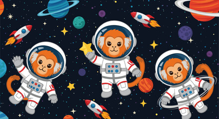 Cute monkeys in spacesuits floating in space, perfect for children's books, textile prints, or space-themed projects.