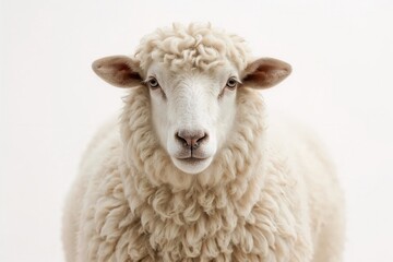Close-up portrait of a sheep with thick, white wool against a bright white backdrop. Farm animal.