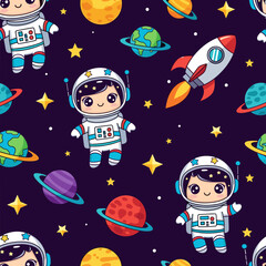 Cute Astronaut Seamless Pattern: Perfect for kids' apparel, textiles, or space-themed projects.