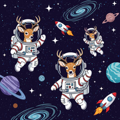 Cute deer astronauts floating in space, perfect for children's books, websites, or apparel.