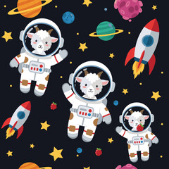 Cute goats in spacesuits floating in space, perfect for children's products, textiles, or space-themed designs.