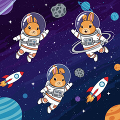 Adorable bunnies in astronaut suits floating in space, perfect for children's books or space-themed projects.