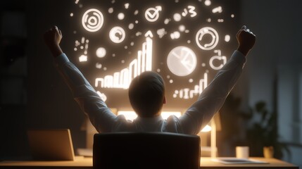 Jubilant Business Professional Celebrates Success, Back View, Achievement, Workplace, Office, Victory, Happy Employee, Career Milestone.