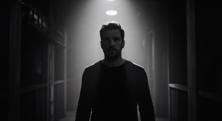 A man stands in a dimly lit corridor, illuminated by a single overhead light, facing forward.