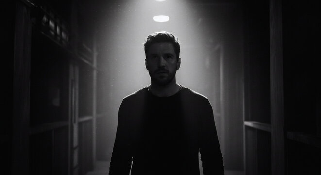 A man stands in a dimly lit corridor, illuminated by a single overhead light, facing forward.