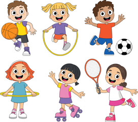 Cartoon Kids Playing Sports, Fun and Active Children Exercising, Outdoor Physical Activities for Healthy Lifestyle, Vector Illustration for Education