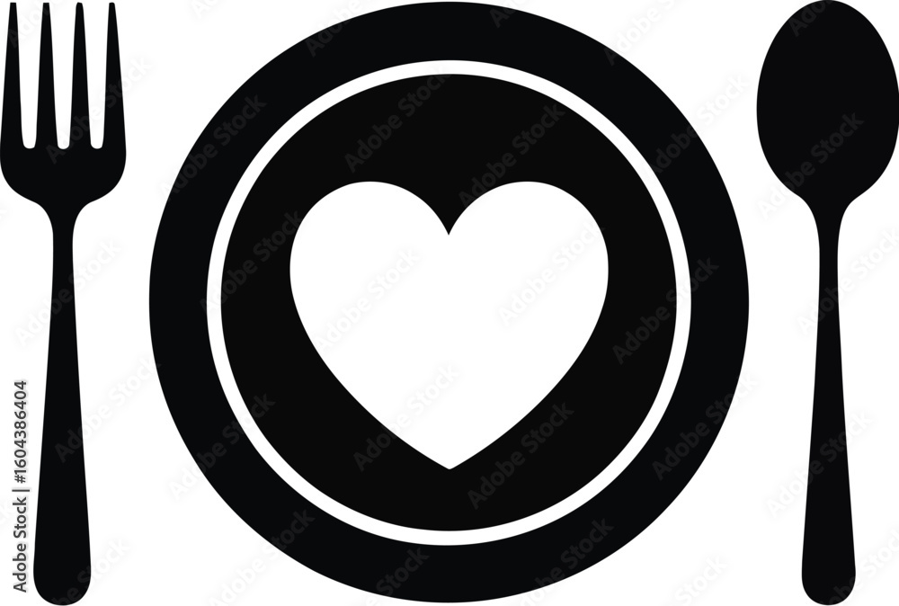 Poster a black and white image showing a plate with a heart a fork and a spoon on a white background